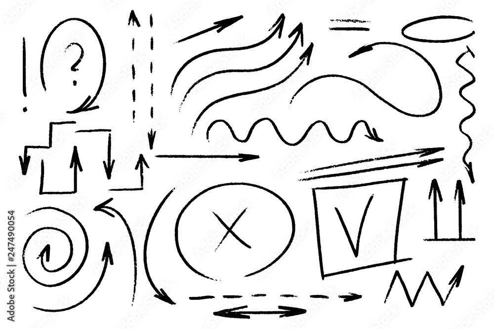 Poster set of hand drawn arrows. crayon drawn set of different arrows and marks. design elements isolated. 