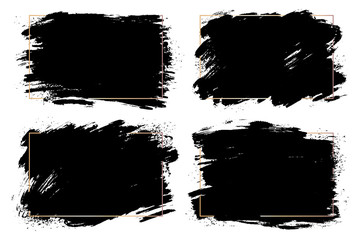 Vector set of big hand drawn brush strokes with golden frames, stains for backdrops. Monochrome design elements set. One color monochrome artistic hand drawn backgrounds rectangular shapes.