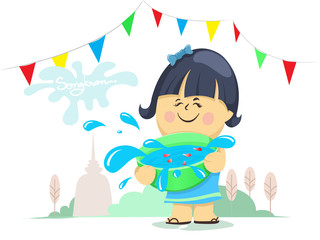 Cartoon girl is holding water bowl, Songkran Festival, Culture in Thailand, Vector Illustration