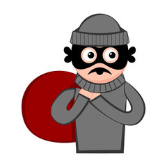 Surprised thief cartoon with a money bag. Vector illustration design