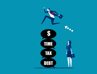 Leader jumping over the problem itself. Concept business vector,  Tax, Debt, Risk.