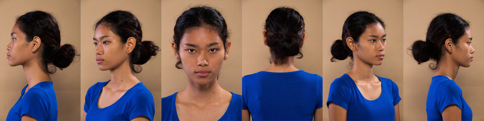 Collage Group Pack of Young Asian Woman before applying make up hair style. no retouch, turn around...