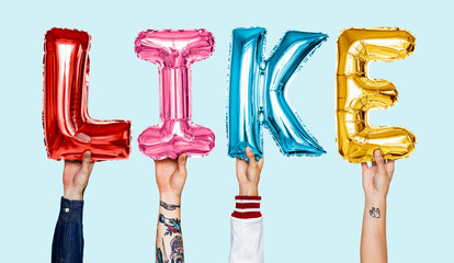 Colorful alphabet helium balloons forming the text like