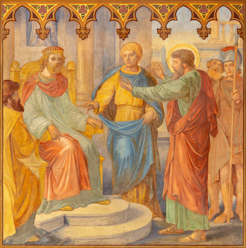 PRAGUE, CZECH REPUBLIC - OCTOBER 15, 2018: The fresco judgment of St. Paul before Agripa in church Bazilika svat&eacute;ho Petra a Pavla na Vy&scaron;ehrade by S. G. Rudl (1895).