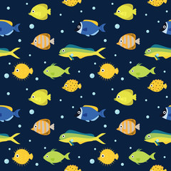 Fish seamless pattern, different fish in bright colours.  Sea and summer background.