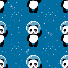 Panda astronaut  in outer space seamless pattern. Vector print, cute cartoon vector illustration..