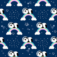 Panda on the rainbow sleeping, seamless pattern. Vector print, cute cartoon vector illustration.