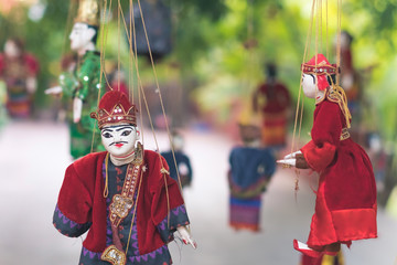 Traditional handicraft puppets for sale  in the ancient pagoda in Bagan, Myanmar