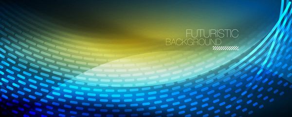 Obraz premium Glowing light particles in dark neon space, magic glow shiny abstract background