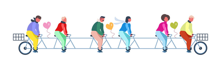 Fototapeta premium people group riding tandem bike with heart shape air balloons happy valentines day concept couples in love successful teamwork flat horizontal banner isolated