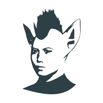 The silhouette of a woman head with cat ears. Mohawk hairstyle