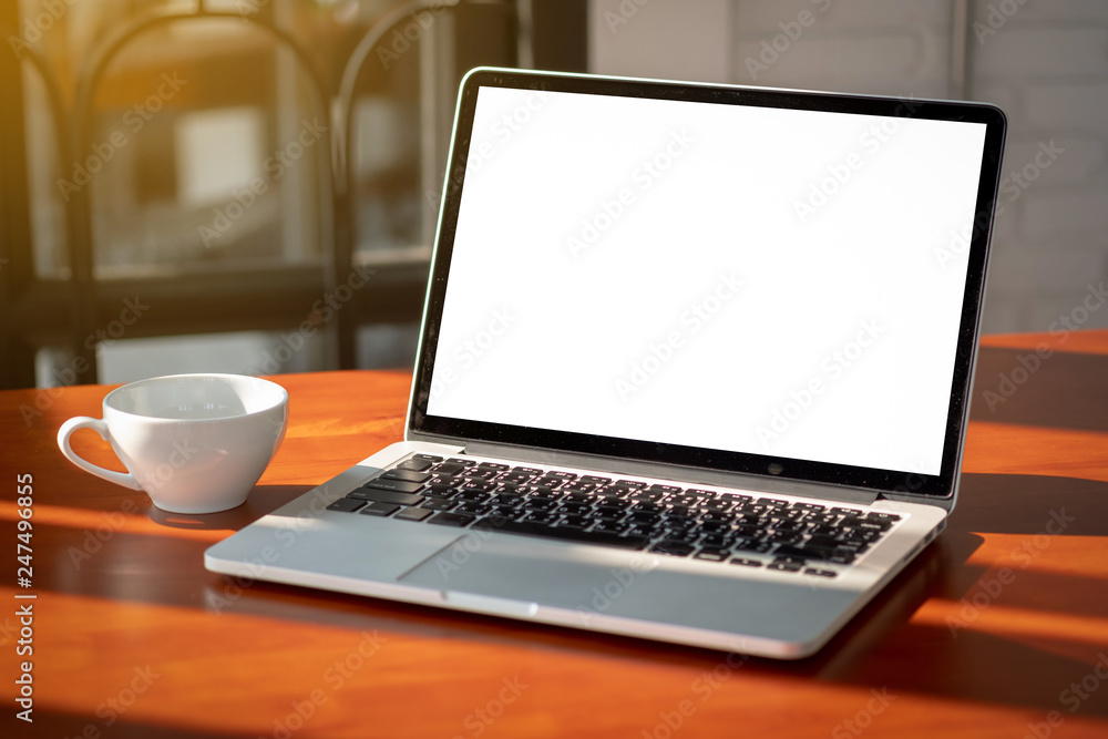 Poster mock up Using laptop with blank screen computer modern
