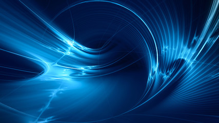 Abstract blue on black background texture. Dynamic curves ands blurs pattern. Detailed fractal graphics. Science and technology concept. - obrazy, fototapety, plakaty