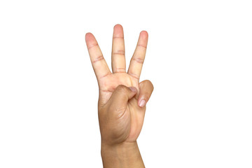 Man's  hand with three finger up on white background, isolate with clipping path.