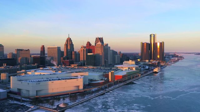 Detroit river with downtown aerial view Winter at Sunset
