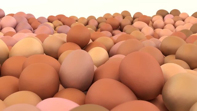 Animated close up and zooming out of a pile of regular eggs lying on white base and against white background.