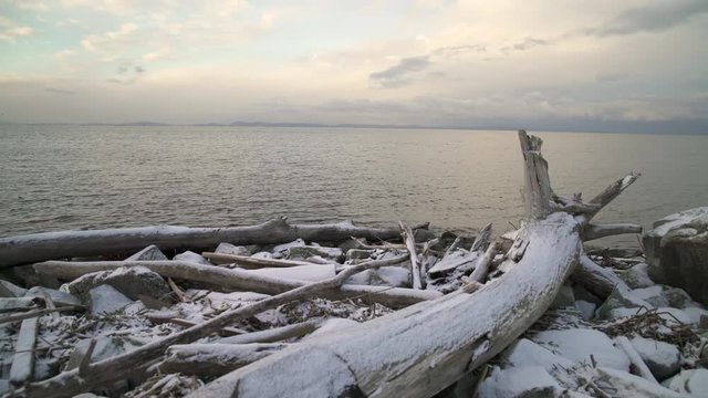 Snow on Beach Driftwood 4K UHD. Snow on Garry Point driftwood in Steveston, British Columbia, Canada. 4K UHD.