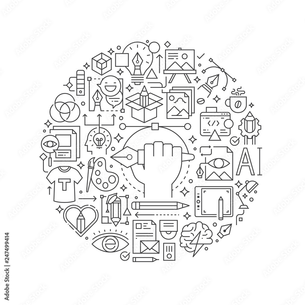 Fototapete graphic design concept in thin flat illustration. creative process line icons in round shape isolate