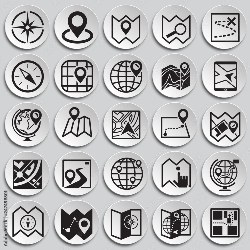 Poster map and navigation icons set on plates background for graphic and web design, modern simple vector s