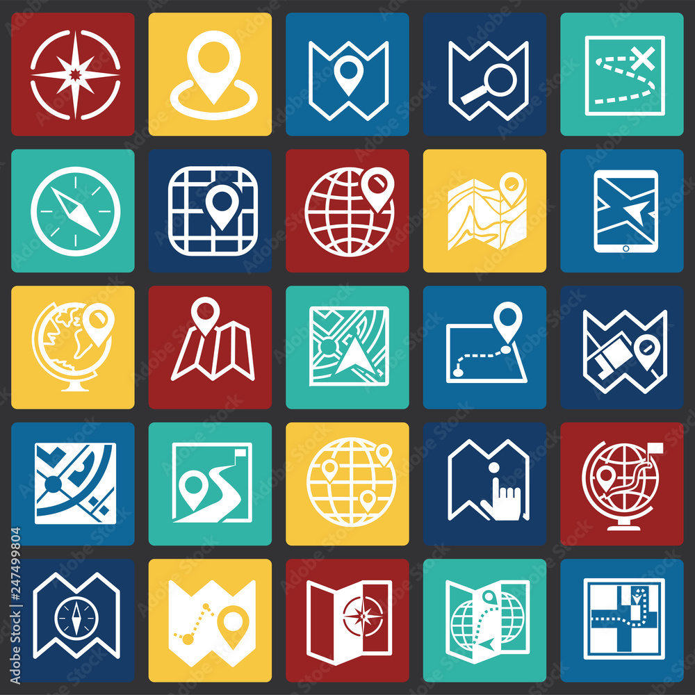 Poster map and navigation icons set on color squares background for graphic and web design, modern simple v