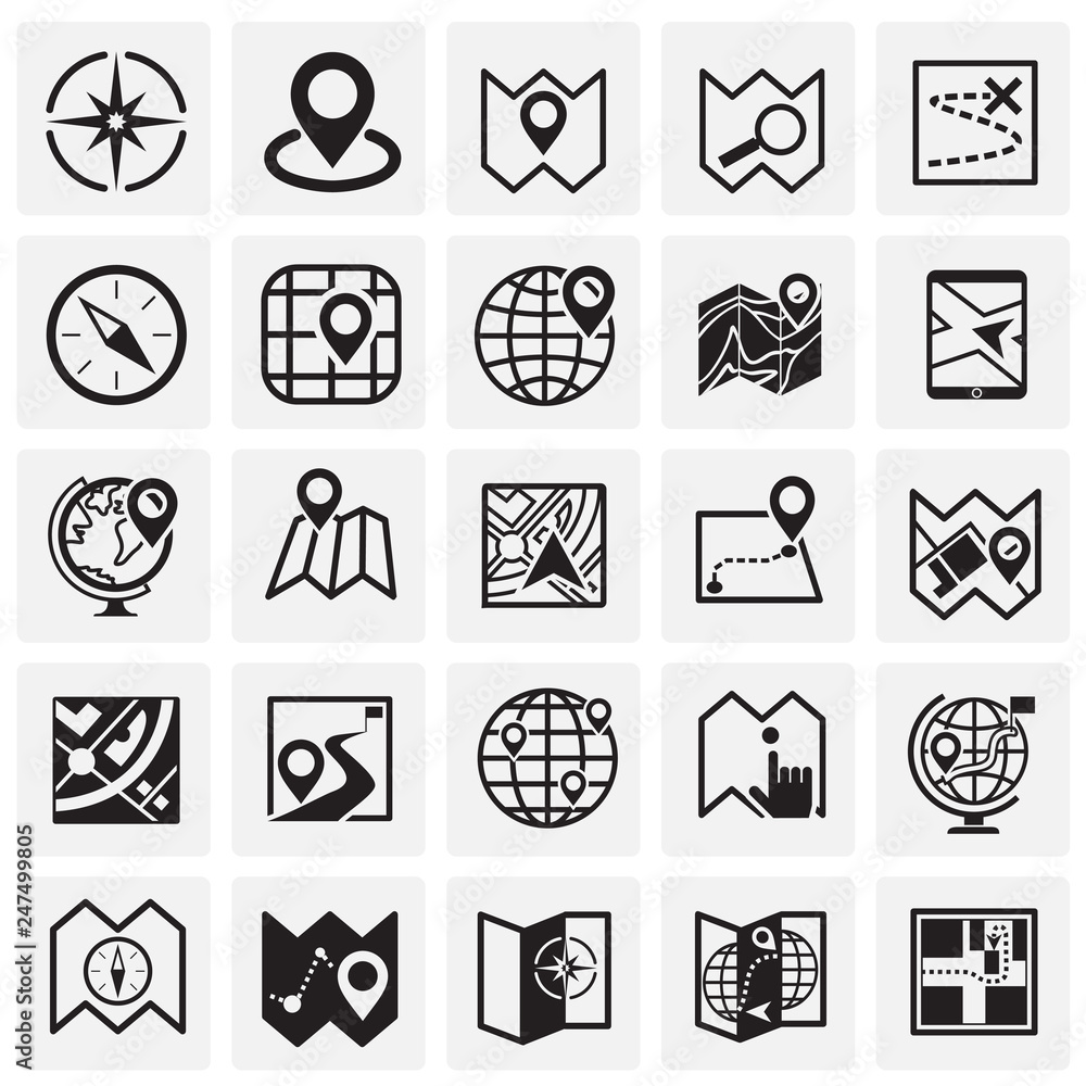 Poster map and navigation icons set on squares background for graphic and web design, modern simple vector 