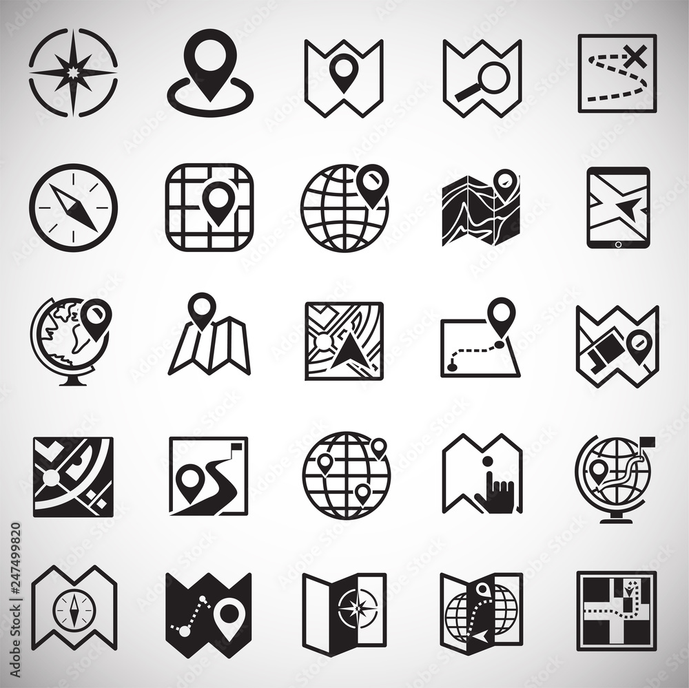 Poster map and navigation icons set on white background for graphic and web design, modern simple vector si