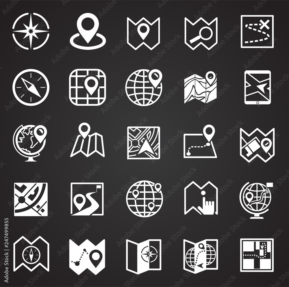 Poster map and navigation icons set on black background for graphic and web design, modern simple vector si