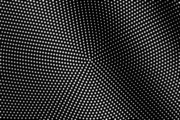 White dots on black background. Radial halftone vector texture. Rough dotwork gradient.