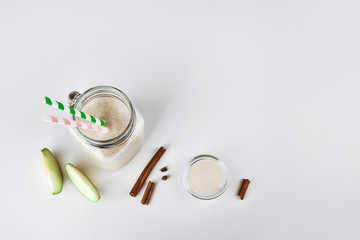 Cocktail protein, smoothie with apple, cinnamon in a glass. functional nutrition