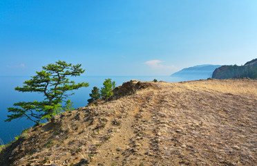 Fototapeta premium Lake Baikal in the summer. The steep coast of Olkhon Island and the typical steppe landscape with dry grass and moss plants on stony soil