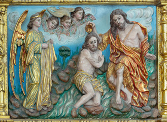 PALMA DE MALLORCA, SPAIN - JANUARY 26, 2019: The carved polychrome relief of the Baptism of Christ...