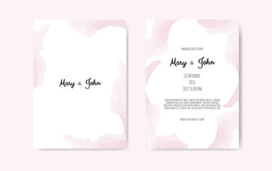 Wedding invite with abstract watercolor style decoration in light tender dusty pink color on white background.