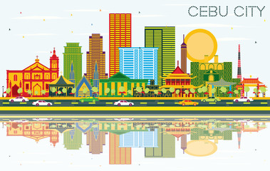 Fototapeta na wymiar Cebu City Philippines Skyline with Color Buildings, Blue Sky and Reflections.