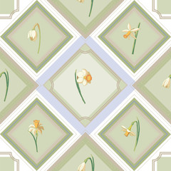 Checkered seamless pattern of gentle pastel shades with narcissus flowers. Elegant background for your design in soft colors with floral elements.
