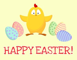 Happy Easter. Cute little yellow chicken with easter eggs cartoon postcard