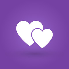 Two hearts icon, together love white symbol. Vector illustration isolated on purple background.