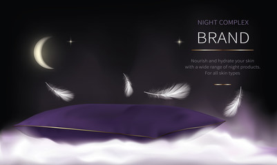 Night background for advertising of cosmetic products. Dark night sky with moon and stars, purple velvet pillow on white fluffy cloud, flying soft feathers, cosmetics promotion concept for magazine