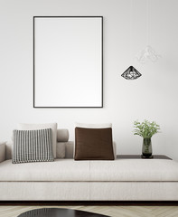 Mock up poster frame in modern home interior. Scandinavian style. 3d render	
