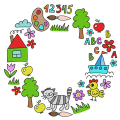 Kindergarten pattern, drawn kids garden elements pattern, doodle drawing, vector illustration, colorful.