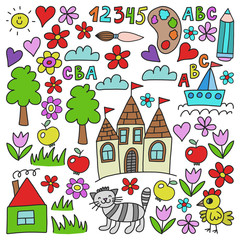 Kindergarten pattern, drawn kids garden elements pattern, doodle drawing, vector illustration, colorful.
