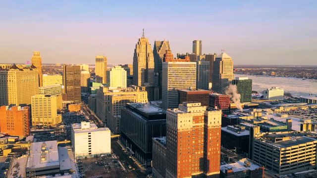 Detroit downtown aerial view Winter at Sunset