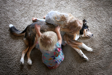 Two Little Kids HUgging and Petting their Pet Dog