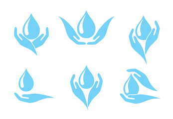 Hands holding a drop of water, icon set, concept of clean water consumption.