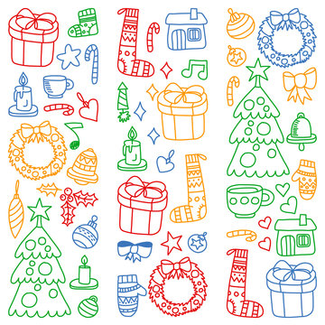 Vector set of Christmas, holiday winter days 2019, 2020, vector illustration. New Year's pattern, children's drawings with a teacher icons in doodle style. Painted, colorful, pictures on a piece of