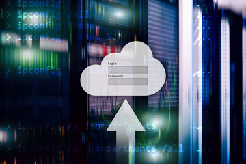 Cloud storage, data access, login and password request window on server room background. Internet...