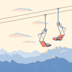 Chair ski lift for mountain skiers and snowboarders moves in the air on a rope on the background of winter snow capped mountains and sunset. Vector flat illustration.