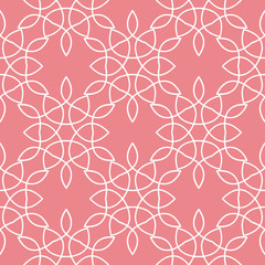 Abstract seamless pattern. Simple white ornament on pink background