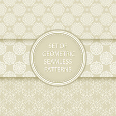 Compilation of seamless patterns. Oriental ethnic white prints on olive green background