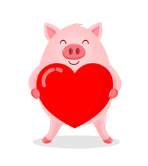 Funny cartoon pig characters hold red heart. Happy Valentine's day. Happiness pig standing. Vector illustration isolated on white background.
