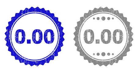 0.00 stamp seals with grunge texture in blue and grey colors isolated on white background. Vector rubber imprint of 0.00 title inside round rosette. Stamp seals with dirty styles.